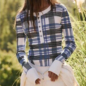 FREE PEOPLE Movement Rally Plaid Ribbed Henley Tee Top Sz S